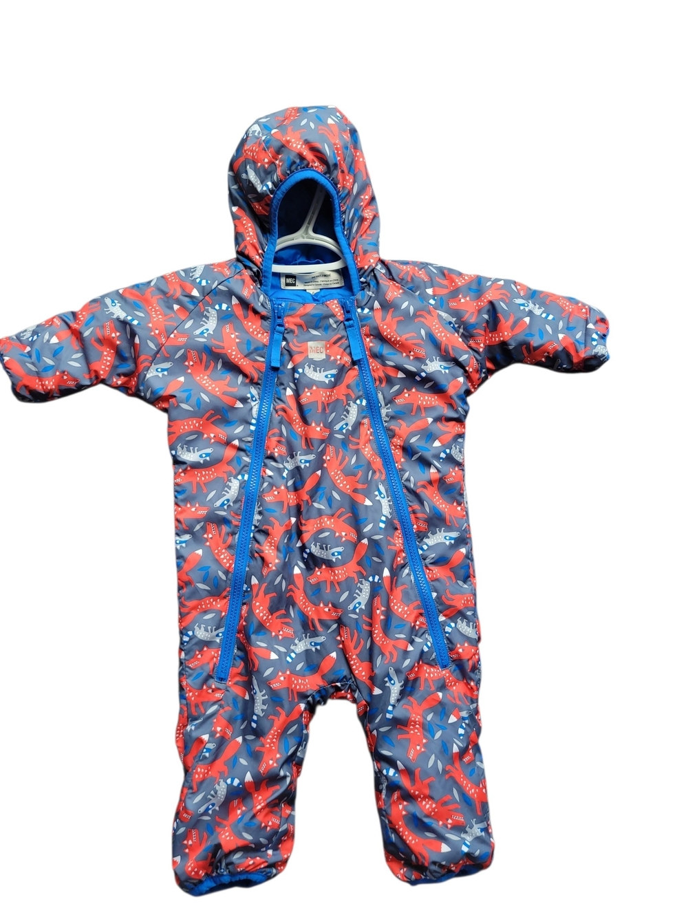 MEC Hooded Baby Bunting in Blue with Red Fox And Raccoon Print. Size 6m